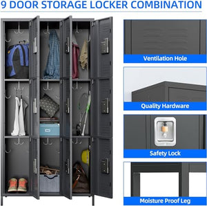 GangMei Metal Lockers with 18 Hooks & 9 Doors, Steel Storage Cabinet (Dark Grey)