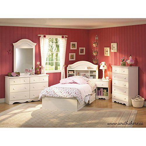 White Wash 39'' Twin Size Bookcase Headboard, Country Style, 5 Storage Spaces, Made from Laminated Particle Board, Rounded Shape, Bundle with Our Expert Guide with Tips for Home Arrangement