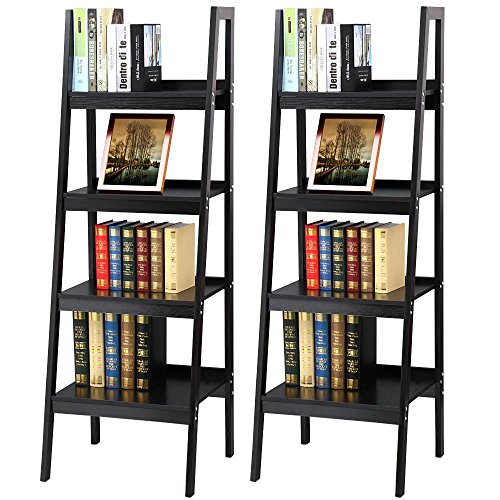 Topeakmart 4 Shelf Floor Standing Leaning/Corner Ladder Shelf Black Wood Bookcase/Bookshelf with Metal Legs/Frame