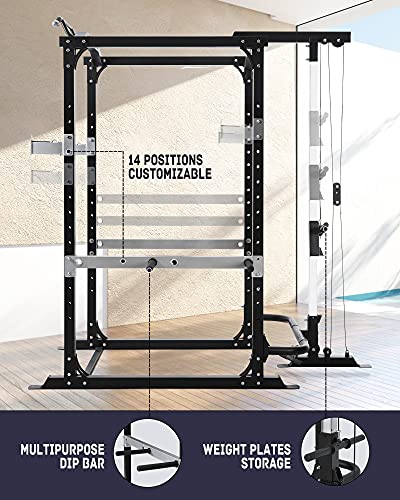 Power Rack Squat Rack Power Cage with LAT Pulldown Strength Training Smith Machine 1600-Pound Capacity 14 Height Adjustable Squat Cage with Pull-up Bar for Home Gym Barbell
