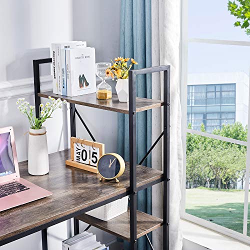 【US Stock】 Computer Desk with Storage Shelves, Home Office Desk PC Workstation, Reversible Study Writing Table with Adjustable Bookshelf, Modern Simple Style, Easy Assembly (Light Brown)