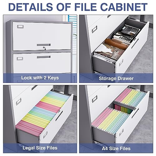 LISSIMO Metal File Cabinet with Lock, 4 Drawer Lateral Filing Cabinet - Home Office Storage