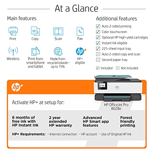 (Renewed) HP OfficeJet Pro 80 28e All-in-One Wireless Color Inkjet Printer Home Office, Blue - Print Scan Copy Fax - 20 ppm, 4800 x 1200 dpi, 35-Sheet ADF, Auto 2-Sided Printing, Cbmoun Printer_Cable