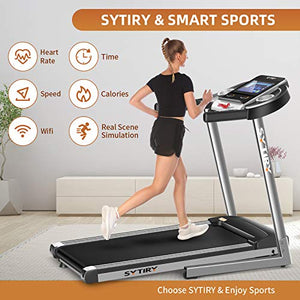 sytiry Treadmill with Large 10" Touchscreen and WiFi Connection, YouTube, Facebook and More, 3.25hp Folding Treadmill, Cardio Fitness Exercise Machine for Walking, Jogging, and Running.