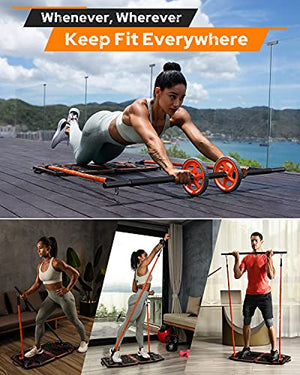 Gonex Portable Home Gym Workout Equipment with 14 Exercise Accessories Ab Roller Wheel,Elastic Resistance Bands,Push-up Stand,Post Landmine Sleeve and More for Full Body Workouts System(Orange)