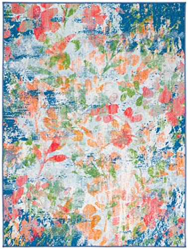 SAFAVIEH Paint Brush Collection PTB157N Watercolor Floral Distressed Machine Washable Non-Shedding Living Room Dining Bedroom Area Rug, 7'9" x 10', Navy/Orange