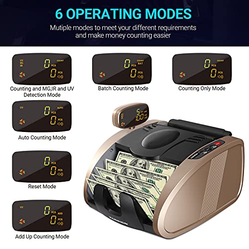 XUNHON Rechargeable Money Counter Machine with UV/MG/IR Counterfeit Detection, Cash Counting Machine with 9 Modes, 2600mAh Battery and 2LCD Display,1300 Bills/Min -X01-Pro