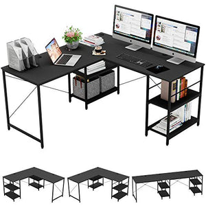 Bestier L Shaped Desk with Shelves 95.2 Inch Reversible Corner Computer Desk or 2 Person Long Table for Home Office Large Gaming Writing Storage Workstation P2 Board with 3 Cable Holes, Black
