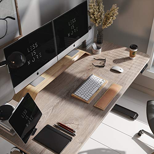 FAMISKY Dual Motor Adjustable Height Electric Standing Desk with Footrest, 55 x 24 Inches Stand Up Home Office Desk with Splice Tabletop, Black Frame/Greige Top