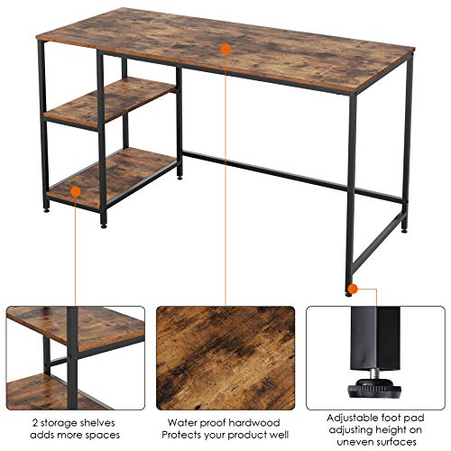 Homfa Computer Desk with 2 Shelves, 55 in Length Study Writing Table, 2-in-1 Large Office Desk with Metal Legs, Adjustable feet, Modern Furniture for Home Office, Study Room-Rustic Brown
