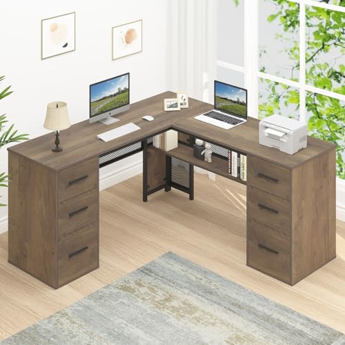 HSH Rustic L-Shaped Home Office Desk with Drawers - 59 Inch