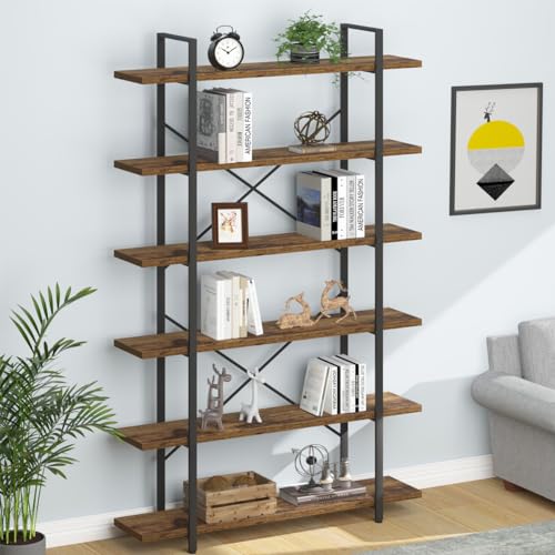 HSH Industrial Modern 6 Shelf Tall Bookcase, Open Wood & Metal Display Rack - Rustic Brown
