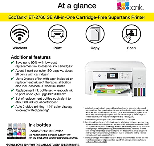 Epson EcoTank ET 2760 Special Edition All-in-One Inkjet Printer | Wireless Printing | Print, Copy, Scan | Prints up to 10 Pages per Minute in Black