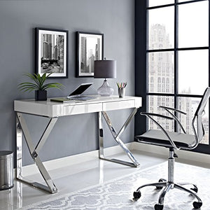 Modway Adjacent Contemporary Modern Office Desk With Metallic Legs in White