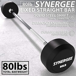 Synergee Fixed 80LB Barbell - Pre Weighted Straight Steel Bar with Rubber Weights - Fixed Weight