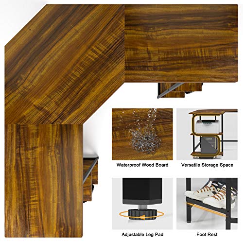 Teraves Reversible L Shaped Desk with Shelves Round Corner Computer Desk Gaming Table Workstation for Home Office