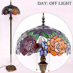 WERFACTORY Tiffany Floor Lamp Red Yellow Rose Stained Glass Standing Reading Light 16X16X64 Inches Antique Pole Corner Lamp