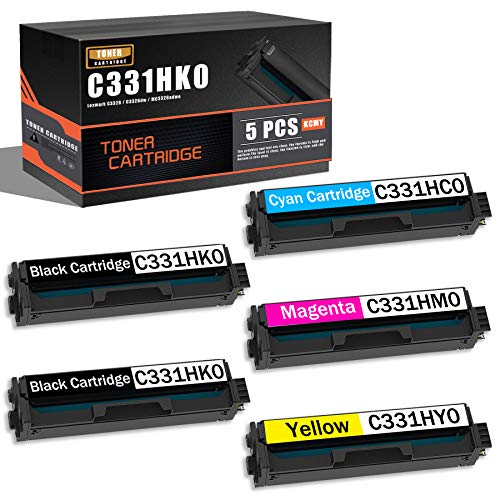 5 Pack (2BK+1C+1Y+1M) Compatible C331HK0 C331HC0 C331HM0 C331HY0 Toner Cartridge Replacement for Lexmark C3326 C3326dw MC3326adwe Printer Ink Cartridge.