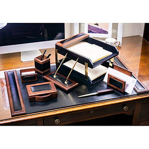 Dacasso Walnut and Black Leather Desk Set, 10-Piece