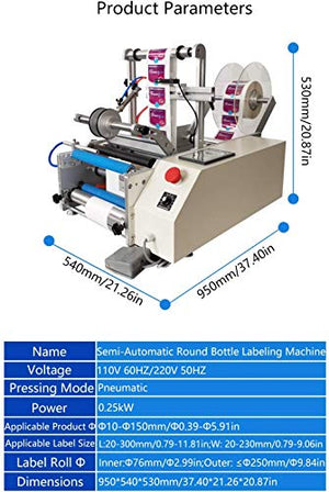 Hanchen Semi-Automatic Round Bottle Labeling Machine, High Speed Adjustable Labeler Pneumatic Label Applicator Machine for Width 20-230mm Length 20-300mm in Label 10-30pcs/min (110V)