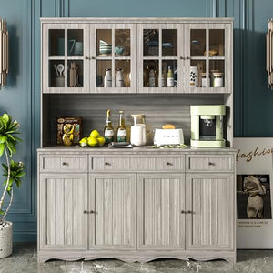 Hitow Large Storage Cabinet with Acrylic Doors, Kitchen Pantry Cabinet, Display Hutch, Grey (61.2" W x 75.9" H)