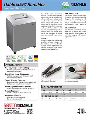 Dahle 50564 Oil-Free Paper Shredder with Jam Protection, SmartPower, German Engineered - 22 Sheet Max - Security Level P-4 - 5+ Users