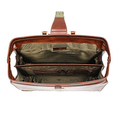 Tony Perotti Mens Italian Bull Leather Benevento Double Compartment Lawyer's Leather Laptop Briefcase in Cognac