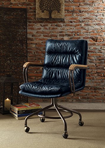 Major-Q Vintage Blue Top Grain Leather 5-Star Base Executive Office Chair with Casters and Metal Frame Armrests, 9092417