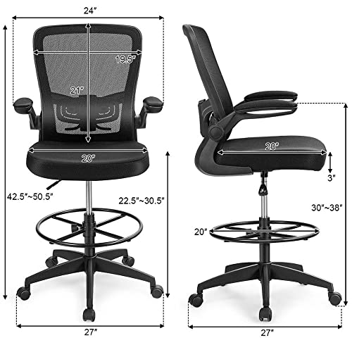 POCHY Family Drafting Chair Tall Office Chair Adjustable Height w/Lumbar Support Flip Up Arms