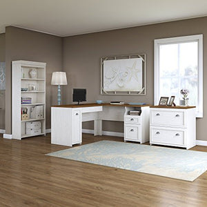 Bush Furniture Fairview L Shaped Desk with Bookcase and Lateral File Cabinet in Antique White