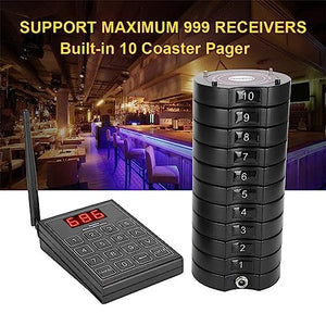 ROLTIN Restaurant Pager Wireless Calling System with 999 Channels Keypad and Coasters - 3 Calling Modes, Fast Food Cafe Solution