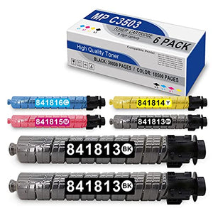 6-Pack (3Black+1Cyan+1Magenta+1Yellow) MP C3503 Compatible 841813 841816 841815 841814 Toner Cartridge Replacement for Ricoh Aficio MP C3003 C3503 C3004 C3504 Lanier MP C3003 Printer Ink Cartridge.
