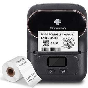 Phomemo M110 Label Maker - Barcode Label Printer, Bluetooth Portable Thermal Mini Label Maker Machine for Product, Address, Barcode, QR Code for iOS & Android, with 1pack 40x30mm Labels, Ebony Black