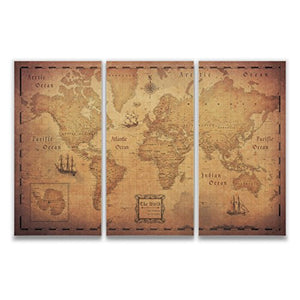 Conquest Maps Map with Pins - World Travel Map Golden Aged Style Push Pin Travel Map Cork Board, Track Your Travels Pinable Canvas Map with Cork Backing, Internal Framed (54 x 36 Inches (3 Panel))