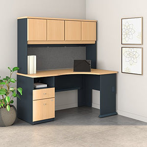 Bush Business Furniture Series A 60W Corner Desk with Hutch and 2 Drawer Pedestal in Beech and Slate
