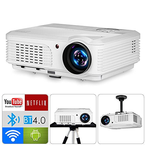 EUG Bluetooth Projector HD 4400 Lumen Wxga Android WiFi Home Cinema Projector Wireless Airplay Suport HD 1080P Compatible with HDMI USB VGA RCA TV Stick PS4 DVD Smartphone Laptop