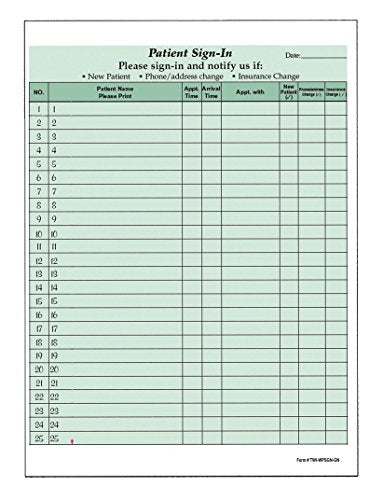 Patient Sign-in Sheets, 8-1/2" X 11" (GREEN) Carbonless Form (Lot of 875 Sheets) HIPAA Compliant
