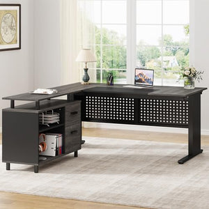 Tribesigns 63 Inch Executive Desk with File Cabinet, L Shaped Computer Desk, Gray and Black