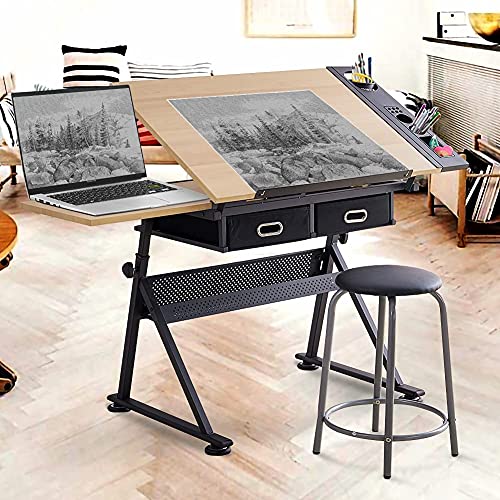 Adjustable Drawing Table with Tiltable Tabletop and 2 Drawers/Stool