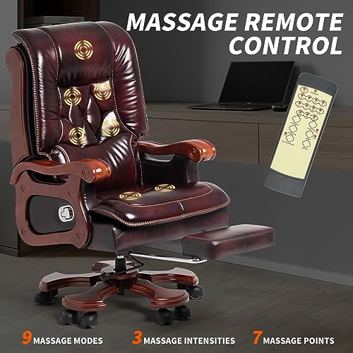 Kinnls Massage Office Chair with Footrest Genuine Leather Vintage Executive Chair