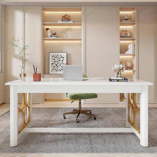 Tribesigns 63" Executive Desk, Modern Glossy White & Gold Office Desk