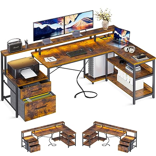 ODK L Shaped Desk with File Drawer, Power Outlet, LED Strip, & Storage Shelves