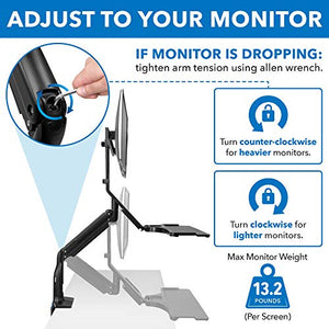 Mount-It! Dual Monitor Sit Stand Workstation with Gas Spring Arm | Height Adjustable Standing Desk Converter | 2 Integrated USB 3.0 Ports | VESA 75 100 | C-Clamp and Grommet Base