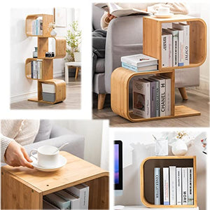 Briteman 5-Tier S-Shaped Geometric Bamboo Bookshelf - Large Capacity Creative Display Rack & Bedside Table 2 in 1 - Bookcase Storage for Home, Office, Living Room