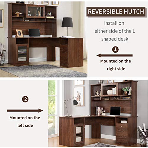Computer Desk Study Writing Table with Drawers L-Shaped PC Laptop Desk Gaming Table with Hutch and Glass Doors for Home Office, Heavy Duty Sturdy Wooden Workstation with Shelves and File Cabinet Brown