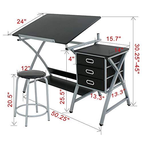 Drawing Table Adjustable, Designer Architect, Drafting Table Art & Craft Drawing w/Stool & Side Drawers Comfortable Work Space Workstation Home, Office, Studio, or School