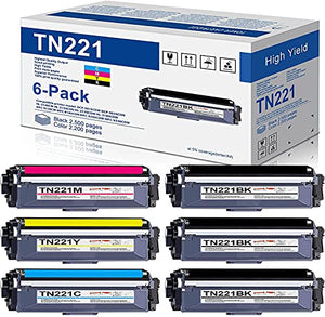 High Yield TN221BK TN221C TN221M TN221Y Toner Cartridge Replacement for Brother TN-221 HL3170CDW HL-3170CDW HL3140CW HL3180CDW MFC9130CW MFC9330CDW MFC9340CDW Printer Toner (6 Pack,3BK+1C+1M+1Y)