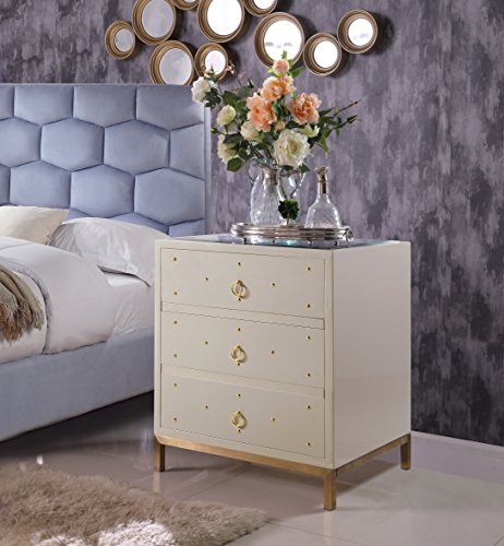 Iconic Home Prato Nightstand Side Table Mirror Glass Top with 3 Self Closing Lacquer Drawers Brass Finished Stainless Steel Frame Base, Modern Contemporary, Beige