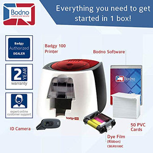 Badgy100 Color Plastic ID Card Printer with Complete Supplies Package with Photo ID Camera & Bodno ID Software - Silver Edition