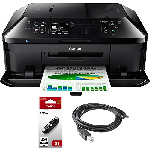 Canon PIXMA MX922 Wireless Inkjet Office All-In-One Printer + Genuine Canon Ink PGI-250 Pigment Black XL Ink + Printer Cable
